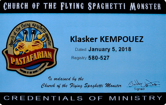 Carte professionnelle de ministre du culte Pastafarien du Révérend Klasker Kempouez